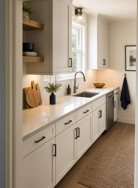 Representative finished kitchen refresh with white cabinets and wood accents